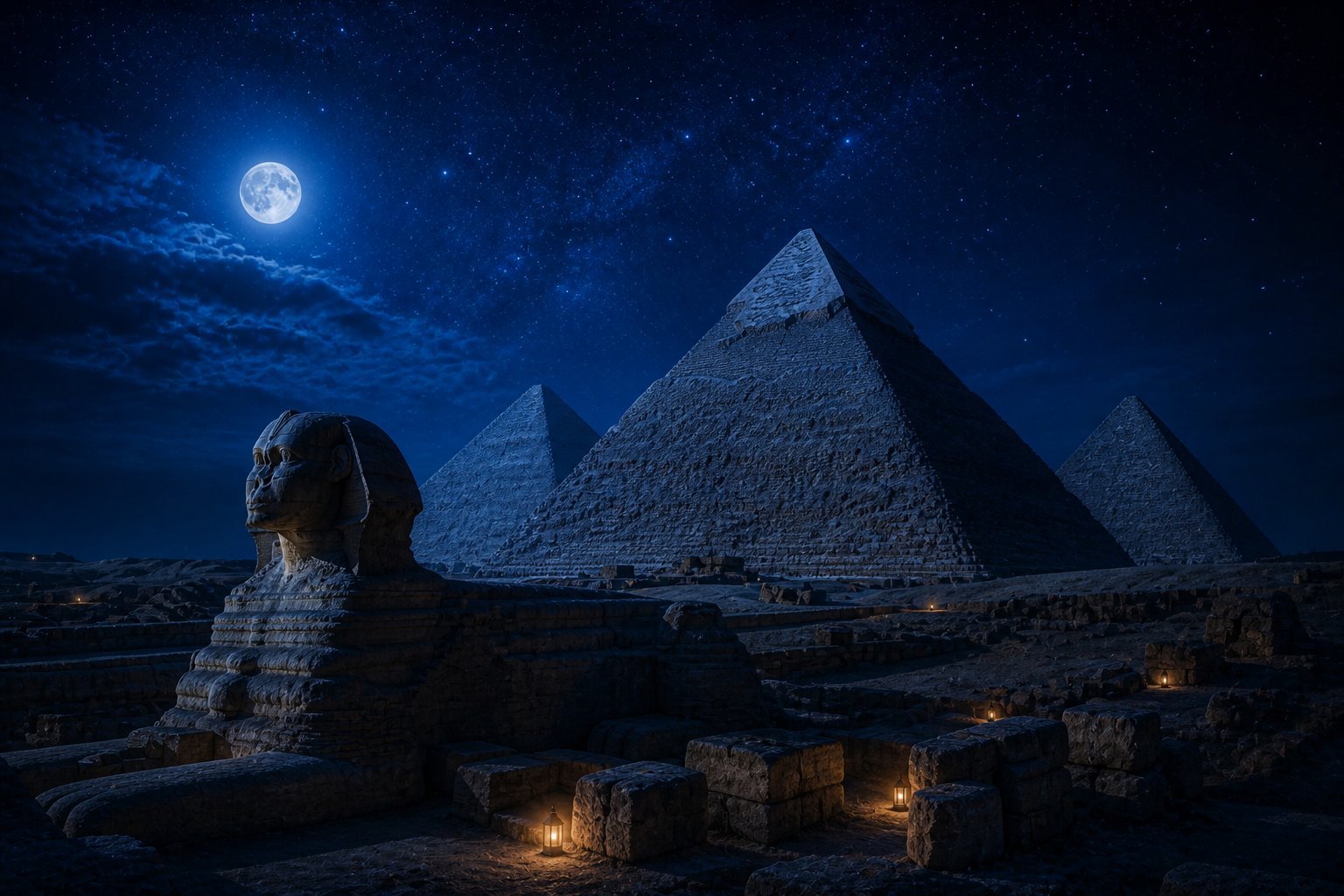The pyramids of Giza and the Sphinx under moonlight