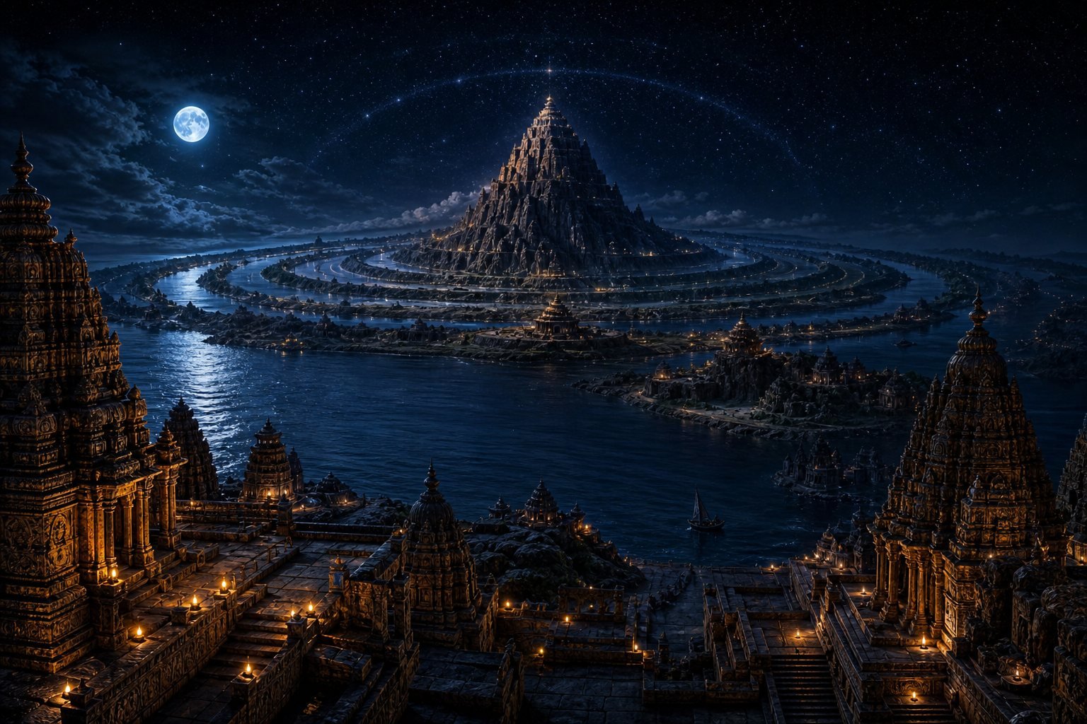 A sacred mountain at the axis of the world, temple towers and a vault of stars