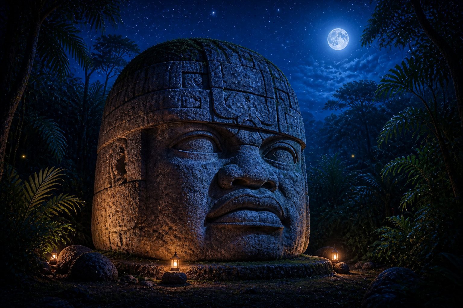 A colossal Olmec stone head in a jungle clearing at night