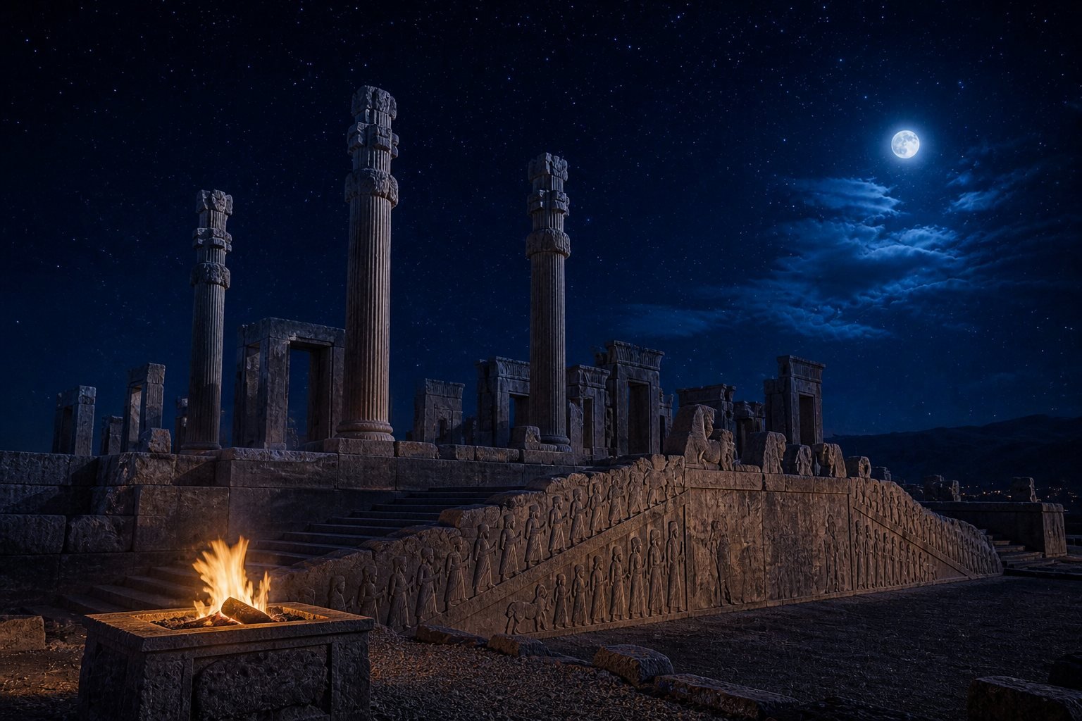 Persepolis columns and a fire altar under a starry night