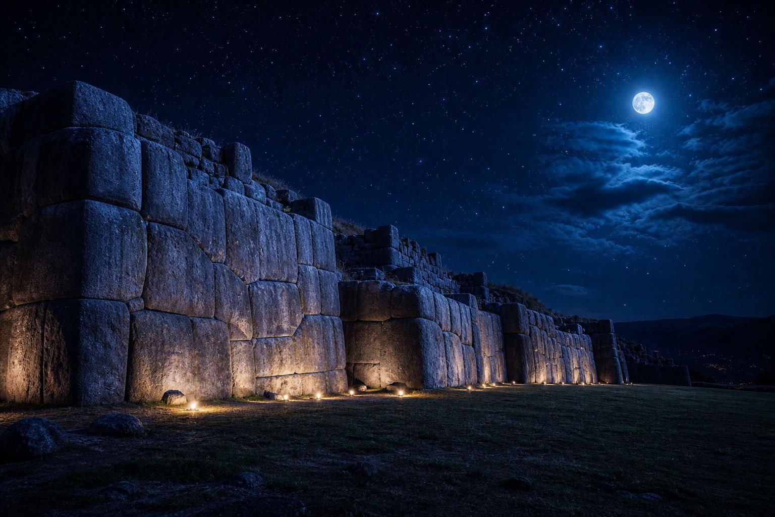 Andean megalithic walls of fitted stone under moonlight