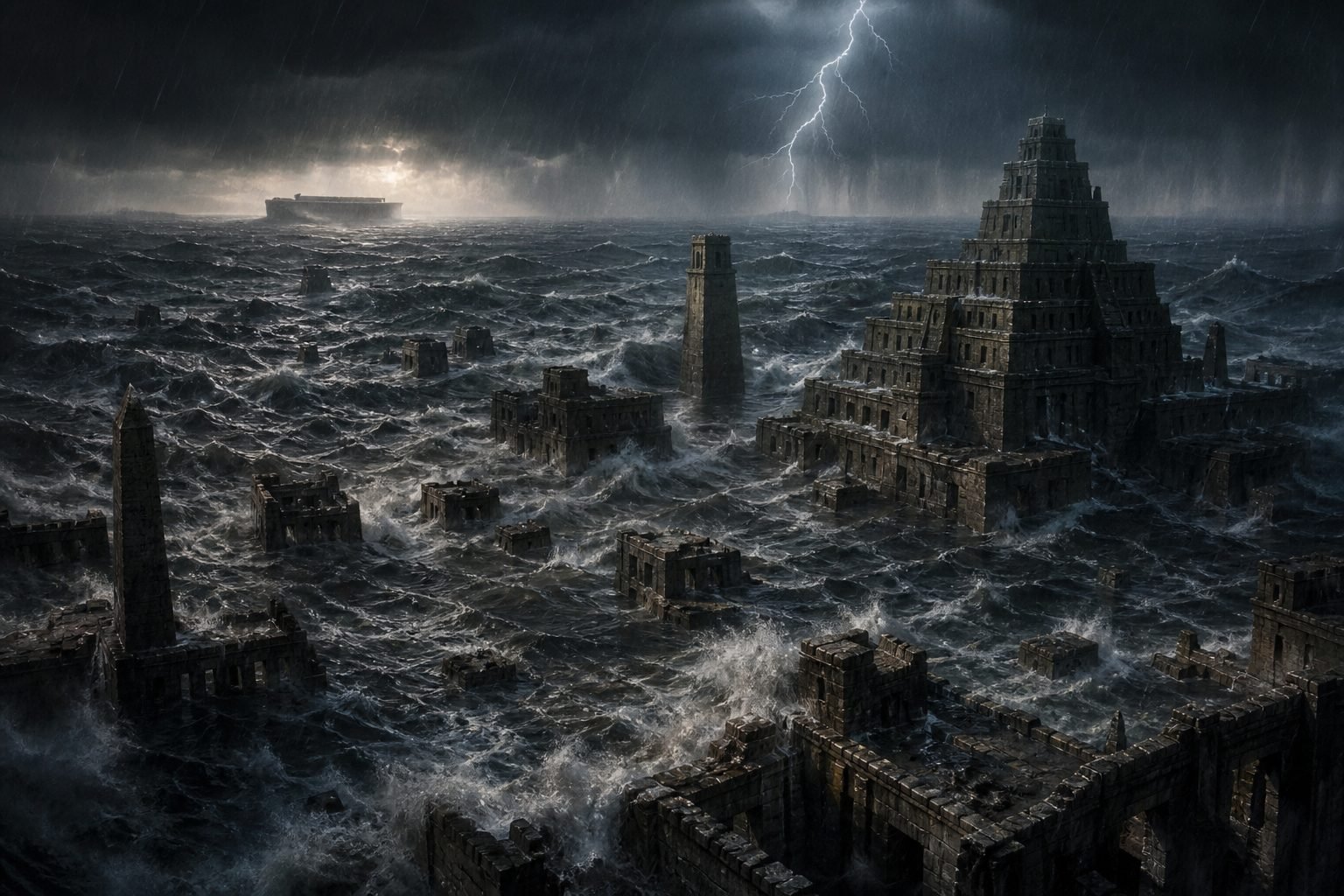 A pre-Flood city half-swallowed by rising black water