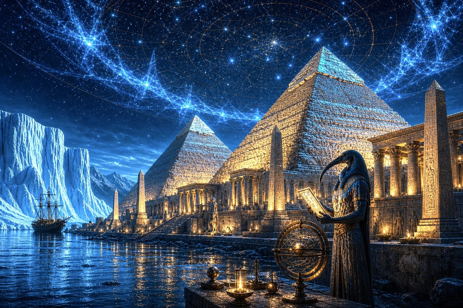 Cosmic night under a crystalline firmament: ice barrier, ancient temples, Thoth, stars
