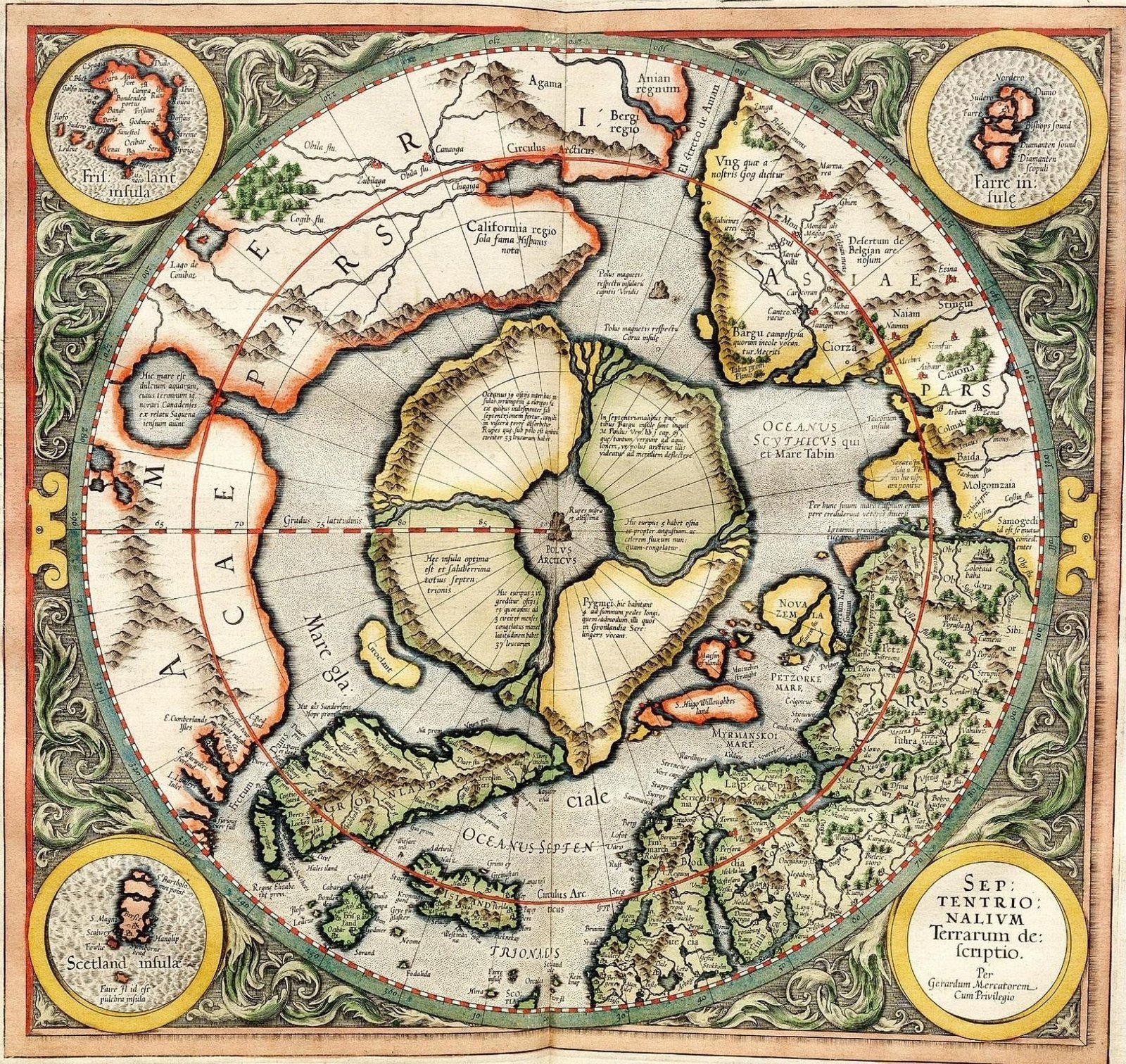 Mercator's 1595 Arctic map with four polar lands, inward rivers, and a central black rock